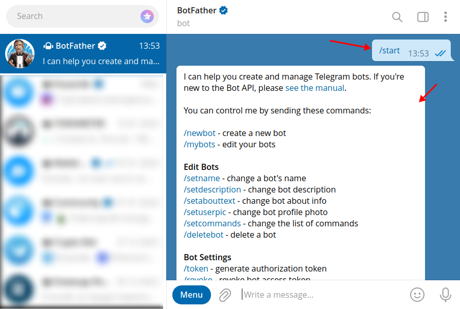 Старт диалога с BotFather